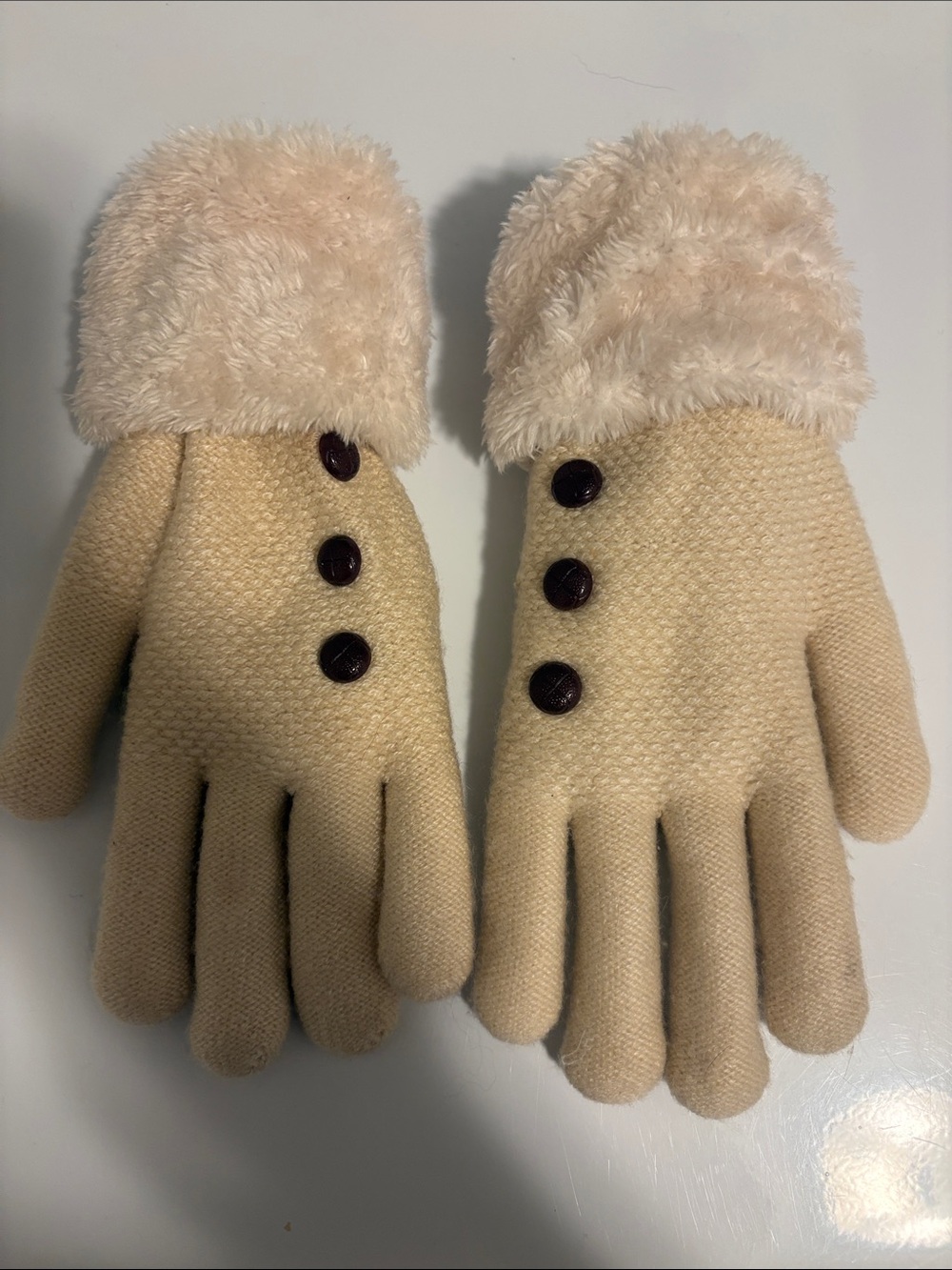 Women's Faux-Fur Cuff Knit Gloves in Beige